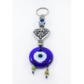 Resim Lacivert, Eskitme Çiçekli Kalp El Yapımı Cam Nazar Boncuklu Anahtarlık 