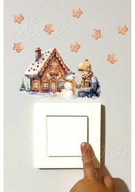 Resim Yeni Yıl Kış Evi Yılbaşı Kış Konseptli Sticker Yılbaşı Süsü Noel Kış Konseptli Priz Sticker Süsü Dijital Baskı 
