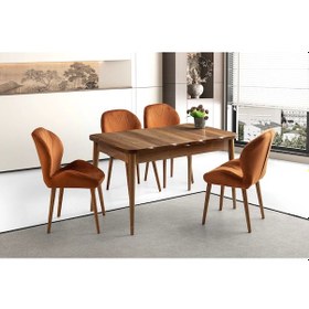 Resim Ahşap Salon Yemek Masa Takımı 4 Porto Turuncu Sandalyeli Ortadan Açılır Büyüyen Parlak Ceviz 90x160c Ceviz 