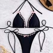 Resim Dantel Seksi Üçgen Halter Sırt Dekolteli İki Parça Bikini Mayo, Kadın Mayo ve Giyim. 