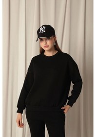 Resim Üç İplik Sıfır Yaka Çimalı Kadın Siyah Sweat Çok Renkli 