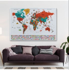Resim Es10 Türkçe Dünya Haritası Ayrıntılı Eğitici Sembollü Bayraklı Dekoratif Kanvas Tablo 2844 (95 x 165) 