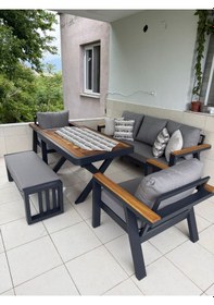 Resim Rovena Lena Alüminyum Bahçe Balkon Köşe Takımı Cappuccino 188x68 3lü 68 X68 2 Li 80/140 Masa Takımı 3+1+1+2 Puf + Masa Siyah 