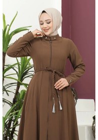 Resim Burgu Kemerli Dokuma Kumaş Mevsimlik Mevlana Ferace - Kahverengi / F0131 Kahverengi 