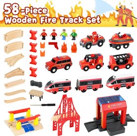 Resim 58 Parçalı Ahşap Tren Seti, Elektrikli Lokomotif ve İtfaiye Aracı ile Model Demiryolu Oyuncağı 
