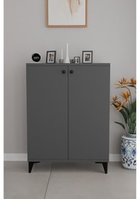 Resim 3 Raflı Kapaklı Ayakkabılık Dolabı Modern Çok Amaçlı Vestiyer & Antre Dolabı Antrasit 