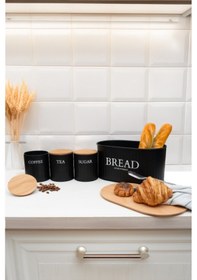 Resim Ahşap Kapaklı Metal Ekmeklik, Çay, Kahve, Şeker 4\'lü Set Siyah Siyah 