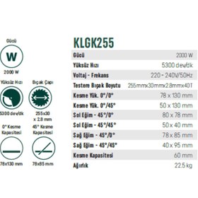Resim KLPRO KLGK255 2000 Watt Gönye Kesme Makinası 