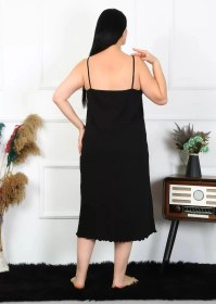 Resim Moda Kadın Büyük Beden İp Askılı Pamuklu Siyah Uzun Gecelik Siyah 