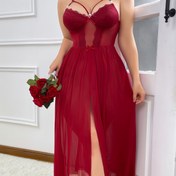 Resim Artı boyutlu kadınlar için düz renk yarı şeffaf dantel yamalı askılı gecelik, kalp şeklinde taşlı ve fiyonk süslemeli, rahat ve konforlu, seksi gece elbisesi, Sevgililer Günü ve Noel için ideal hediye 