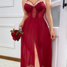 Resim Artı boyutlu kadınlar için düz renk yarı şeffaf dantel yamalı askılı gecelik, kalp şeklinde taşlı ve fiyonk süslemeli, rahat ve konforlu, seksi gece elbisesi, Sevgililer Günü ve Noel için ideal hediye 