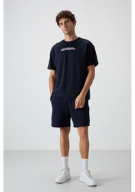 Resim Air Jones Tommy Life Lacivert Pamuklu Kalın Yüzeyi Dokulu Oversize Fit Baskılı Erkek T-shirt - 88365 Lacivert 