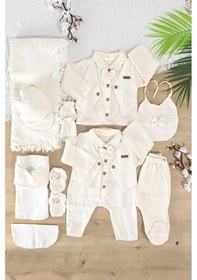 Resim Erkek Bebek Yenidoğan Yelekli Yazlık Ve Mevsimlik Müslin Mavi 10 Lu Lüks Hastane Çıkışı Zıbın Seti Stl7013 Krem 