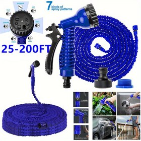 Resim 7.62-60.96 metre genişleyebilen bahçe hortumu, 7 püskürtme modu ile dayanıklı, hafif ve karışmayan tasarım - Araba yıkama, çiçek sulama ve dış mekan temizliği için mükemmel - Yüksek basınçlı püskürtme tabancası ve bağlantı parçası içerir, araba yıkama hortumu | Sarılmaz Hortum | Dayanıklı Polyester Hortum 