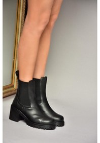 Resim Fox Shoes T726981609 Siyah Lastikli Kalın Topuklu Kadın Bot Siyah-Suni Deri Siyah 