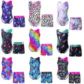 Resim Lavanta Çocuk Kız Jimnastik Yoga Dans Spor Setleri Fantezi Baskı Leotard Ve Şort Giyim Kıyafetleri Lila 