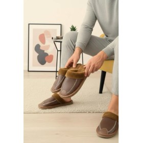 Resim Oksit Bets Pofuduk Suni Deri Erkek Ev Terliği Taba Renk İçi Kürklü Konforlu Kullanım Alanı 