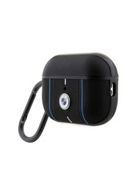 Resim Airpods Pro 2 Uyumlu Kılıf Bmw Lisanslı Pu Deri Mavi Beyaz Çizgili Metal Logolu Siyah 