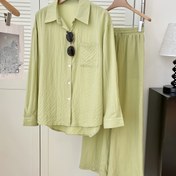 Resim Kadınlar İçin Günlük Kullanım 2 Parça Takım: Düz Renk Uzun Kollu Üst ve Elastik Bel Pantolon, Rahat Giyim veya İşe Gidiş İçin İdeal 