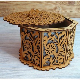 Resim Lazer Kesim Desenli Sekizgen Ahşap Takı Kutusu 