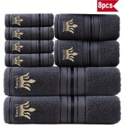 Resim 8 Parça Lüks Otel Kalitesinde Pamuklu Havlu Seti, 2 Adet Banyo Havlusu, 4 Adet El Havlusu, Yumuşak Açık Bej Renkli, Emici, Banyolar ve SPA İçin Uygun, 390GSM Pamuk, Taç Nakışlı 