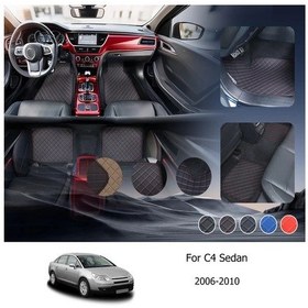 Resim Globalbloom Citroen C4 Sedan 2006-2010 İçin Blue White Line Lüks Deri Kaymaz Otomobil Paspasları Seti 