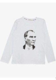Resim Breeze Çocuk Atatürk Baskılı İnce Uzun Kollu Pamuklu Tshirt-14696 Beyaz 