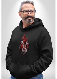 Resim Kırmızı Beyaz Kalp Toplar Damar Kadın Erkek Siyah Kapüşonlu Sweatshirt Hoodie Siyah 