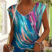 Resim Kadınların Canlı Soyutlu Baskılı Tank Üstü - Esnek Kolsuz V-Yaka, Hafif Polyester, Rahat Bahar ve Yaz Modası, Şort Arkadaşı, Rahat Kıyafet|Canlı Baskılı Üst|Hafif Üst 