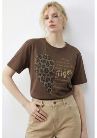 Resim Shade Kadın Leopar Kalp Taş İşlemeli Bisiklet Yaka Regular Fit T-shirt 2210 60283976 - Kahverengi 