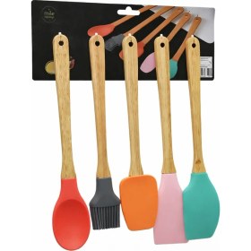 Resim DMR-4783 ( 5pcs ) Ahşap Saplı Büyük Renkli Silikon Mutfak Set ( Fırça & Kaşık & Servis K. & Spatula & Karıştırıc 