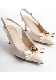 Resim Feles Fiyonk Sarı Toka Detaylı Arkası Açık Stiletto Kadın Topuklu Ayakkabı Ten 