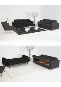 Resim Nola Koltuk Takımı 3+3+1+1 & Bazalı Yataklı Koltuk & Kanepe - Keten Siyah-antrasit 