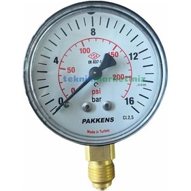 Resim 63 MM 0-16 Bar G1/4''inç Alttan Çıkışlı Kurutip Manometre Pakkens 