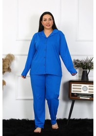 Resim Akbeniz Kadın Büyük Beden Pamuklu Cepli Düğmeli Saks Pijama Takım 202401-saks Saks Mavi 