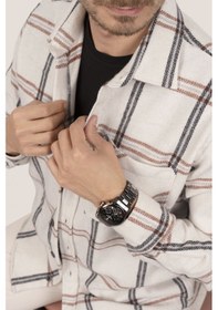 Resim Kemik Beyaz Çizgili Oversize Oduncu Erkek Gömlek + Kutulu Beyaz 