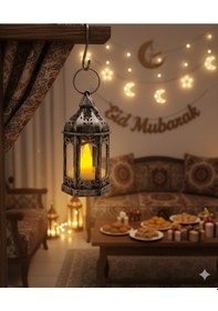 Resim 9 Cm Ramazan Ledli Eskitme Gümüş Fener - Pil Dahil Dekoratif Ramazan Feneri Diğer 