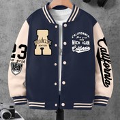 Resim Erkek Çocuklar için Casual Polyester Varsity Ceket, Aplike, Geometrik Desen, Slight Stretch Knit Kumaş, Beyzbol Yaka, Bol Fit, Astarsız - Sonbahar/Kış Moda Trendy Harf A & Sayı 23 Baskı 