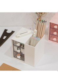 Resim Masaüstü Kalemlik Organizer 7 Bölmeli Kawaii Kapaklı Mini Çekmeceli Kalemlik - Beyaz Beyaz 