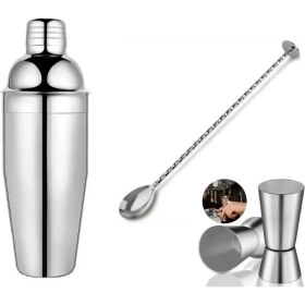 Resim Kokteyl Hazırlama Seti 3lü Shaker 350 ml + 2/4 cl Jigger + Tokmaklı Bar Kaşığı Bar Seti 