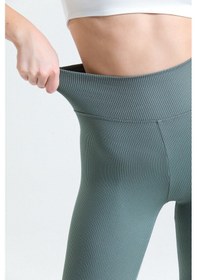 Resim Thiff Gymwear Haki Yüksek Bel Fitilli Toparlayıcı İnterlok Örme Şardonlu Spor Kışlık Tayt Haki 