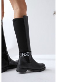 Resim Mountaha Siyah Dalgıç Kumaş Konçlu Aksesuar Detaylı Kısa Topuklu Çizme 001 