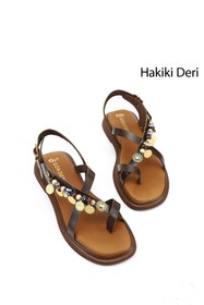 Resim Gönderi(r) Kadın Kahverengi Boncuklu Parmak Arası Hakiki Deri Sandalet 