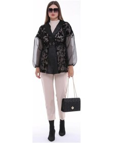 Resim Furrier Organze Flok Baskılı Saten Detaylı Ceket Siyah 