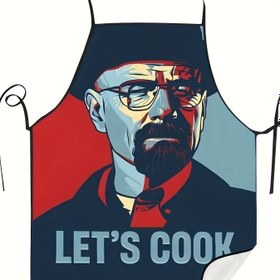 Resim Vintage tarzı "Let'S Cook" Önlük Karikatür Şef Tasarımı - Ayarlanabilir Boyun Askısı, Dayanıklı Polyester, Parlak Bitiş - Şefler, Bekçiler, BBQ Tutkunları için İdeal - Eğlenceli Mutfak ve İş Giyim Aksesuarı, Şef Önlük 