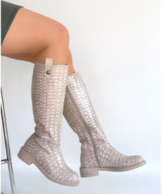 Resim Desenli Yandan Fermuarlı Topuklu Diz Altı Çizme Bej Topuk Boyu 3 Cm Bej 