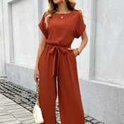 Resim Yetişkinler için Bel Kemerli, Tüm Mevsimler İçin Şık Kadınların Düz Renkli Yaka Polyester Rahat Elbisesi 