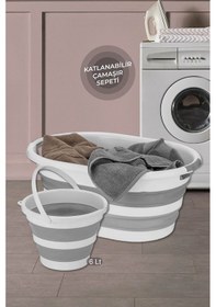 Resim 2'li Katlanabilir Temizlik Seti Middle - Katlanır Sele Çamaşır Sepeti Akordiyon Su Kovası Gri 