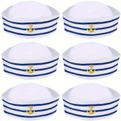 Resim 6/12 Adet Mavi Çizgili Denizci Şapka Seti, Yuvarlak Üst Yat Donanma Kaptan Şapkası, Yazlık Kruvaziyer Tatil Parti Şapkası 