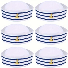 Resim 6/12 Adet Mavi Çizgili Denizci Şapka Seti, Yuvarlak Üst Yat Donanma Kaptan Şapkası, Yazlık Kruvaziyer Tatil Parti Şapkası 